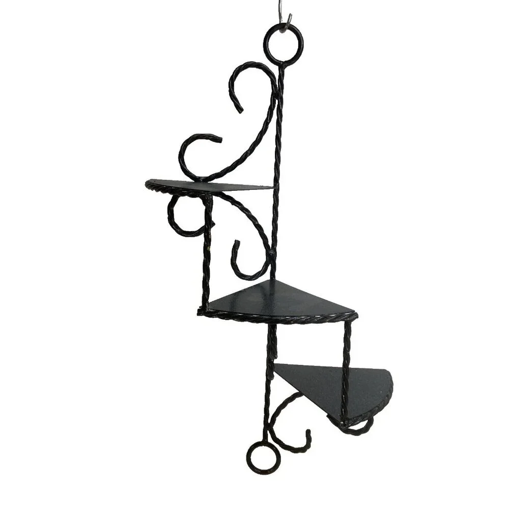 Vtg Twisted Wrought Iron Wall Shelf Black 3 Tiered Spiral Stair Ornate